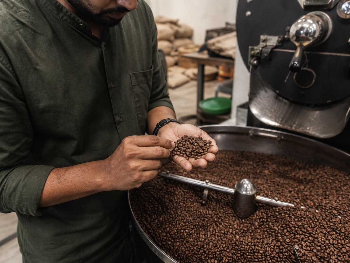 Indian coffee roaster inspecting freshly roasted beans beside a cooling tray