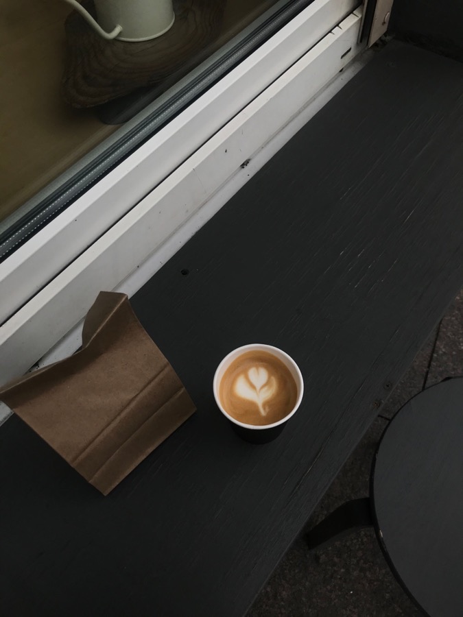 Finished latte at a café window
