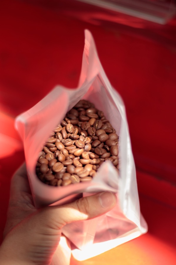 Fresh roasted coffee beans in a bag
