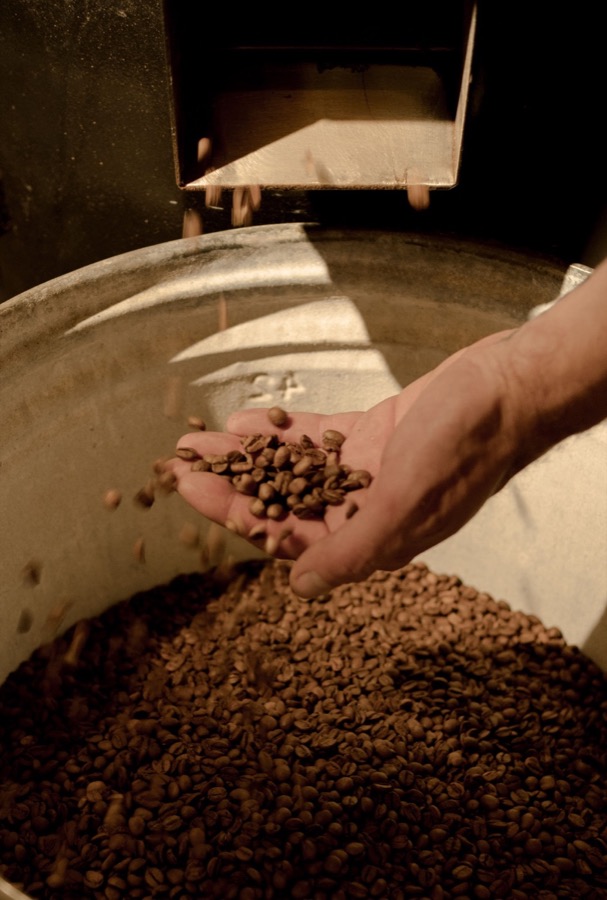 Roaster inspecting a finished batch
